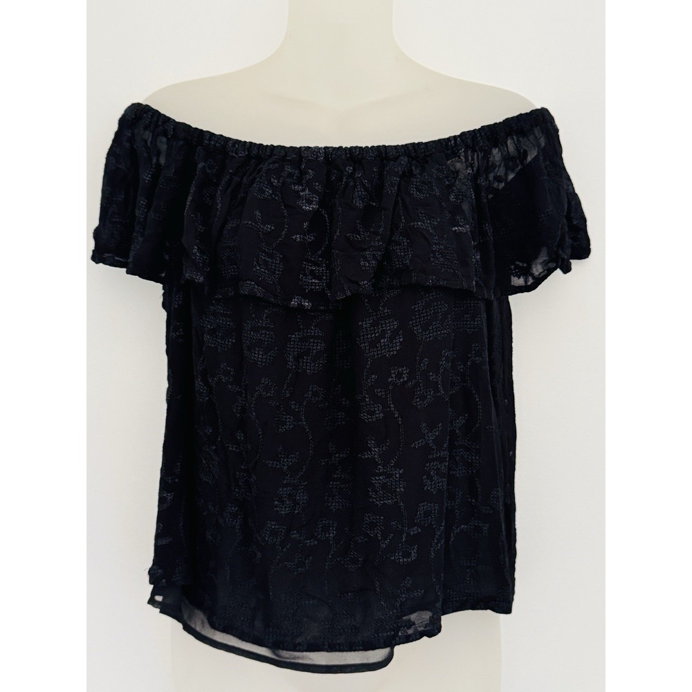 LUCKY BRAND Blouse Womens L Black Off Shoulder Embroidered Lace Flounce BOHO